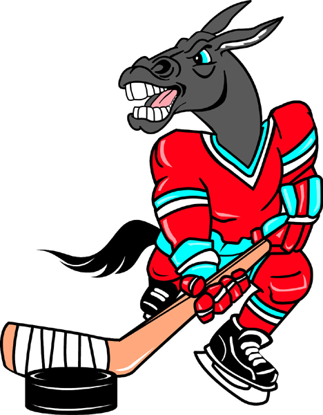 Mule hockey player team mascot color vinyl sports sticker. Make it your own. Mule Hockey